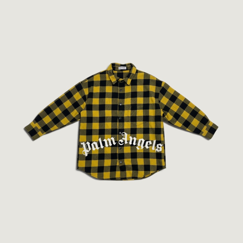 Palm Angels Shirt Buffalo Plaid Logo Yellow Black Size Small